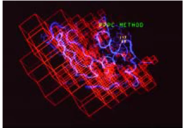 図  1  Particle-Particle and Particle-Cell (PPPC)法によって長 距離クーロン力を NlogN で計算する．図は、ヒトリゾチー ム蛋白質（130 アミノ酸：青色のリボンで表示）の 117 番目
