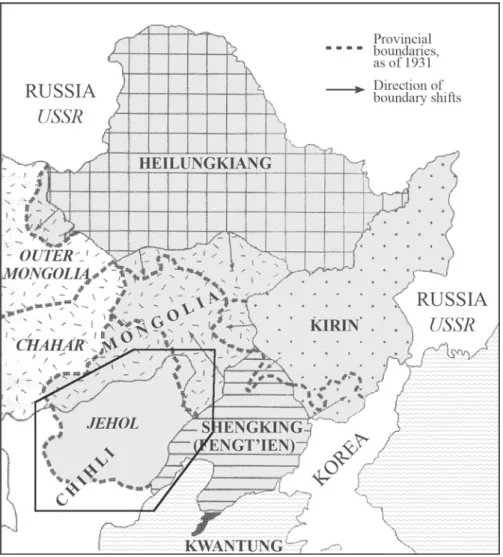 Abb. 1 :  Übersichtskarte  der  Mandschurei,  die  Veränderung  der  Pronvinzgrenzen  nach  der  Gründung  Manshūkokus  zeigend