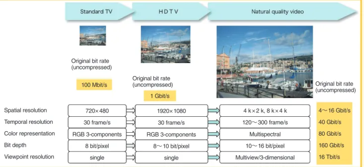 図 1 ナチュラルクオリティ映像表現て存在する． 本論文では，このような背景のもと，これからの IPネットワーク映像時代のキラーアプリケーションと見られている超高臨場映像を，映像圧縮技術の観点からとらえて現状と課題を明らかにしていく．まず 2