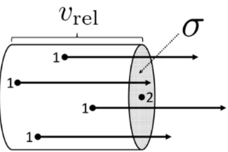 図 2 標的粒子 2 の断面積 σ に粒子 1 がぶつかる度に素粒子の反応 (117) が起こると考える． – これは 2 粒子の速度が平行 ( 反平行や一方の速度がゼロとなる場合を含む ) となる場合には， その相対速度 v 12 ≡ p 1 E 1 − p 2E 2 の大きさを与える ( 第 4.5.4 節参照 ) ． 2 粒子の重心系や一方の粒子の静止系 ( 実験室系 ) ではこの条件が満たされている． – この 相対速度 の定義は，上式で定義される微分断面積 dσ が不変量， すなわちスカラーである