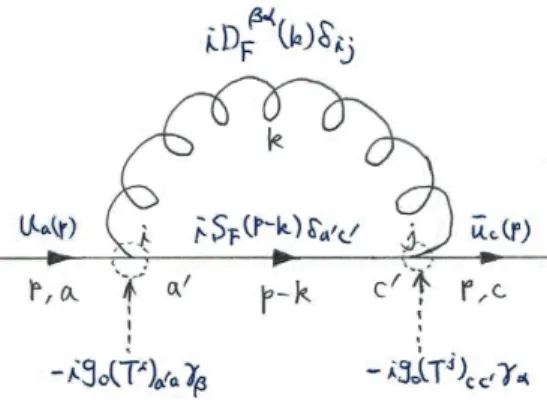 図 13 2 次のクォーク自己エネルギー みを考えて Kronecker のデルタを省けば ) ，グラフの内線に Kronecker のデルタを充てる必要はなくなるけれ ど，本来的には伝播関数因子は Kronecker のデルタを含んでいる． ■図 15.12(p.415) のグラフ (d) に関する， p.414 下から 2 行目の式について 計量テンソル g µν はグルーオン 伝播関数に由来しており，正しくは g νσ と考えられる． 15.4.3 結合定数の繰り込み 本節ではクォークとグルーオンの伝