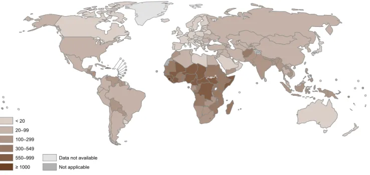Figure 8. Variations in national maternal mortality ratio (maternal deaths per 100 000 live births), 2013