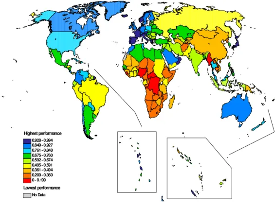 Figure 10: Global Distribution of Overall Efficiency, 191 WHO Member States, 1997 Estimates