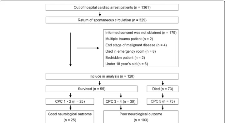 Fig. 1 Flowchart of the study design and results of the number of patients. Outcome is shown at 90 days after return of spontaneous circulation.