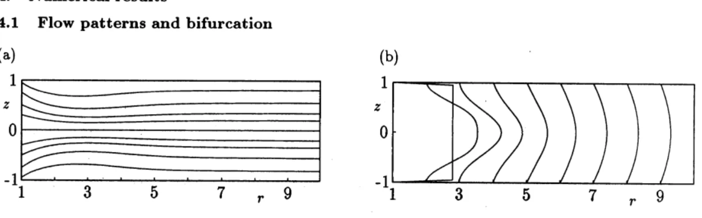 Fig. 2Flow pattern. $Re=40$ , $r_{1}=1$ . (a) Streamlines, (b) Velocity profiles.
