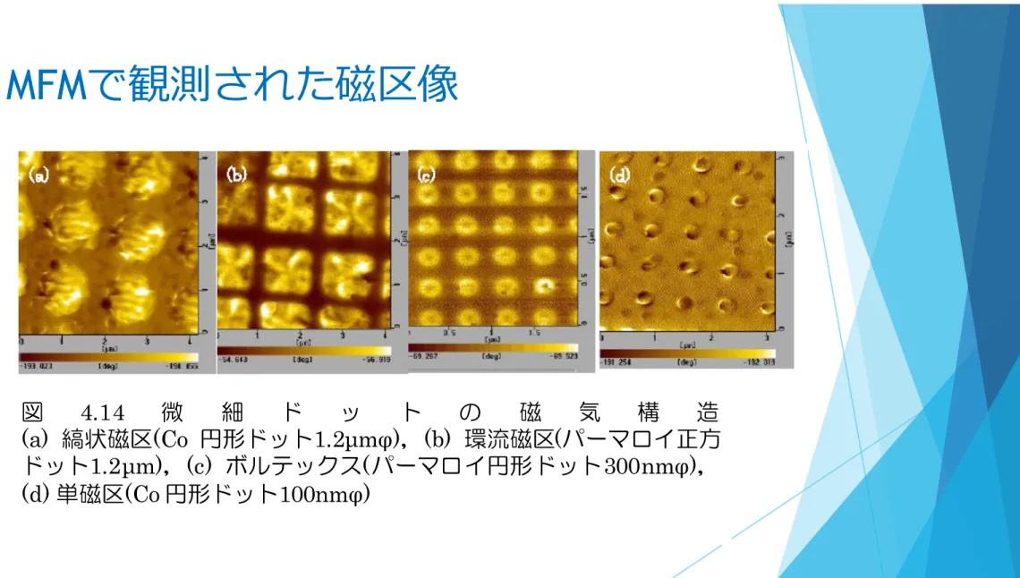 図 4.14 微 細 ド ッ ト の 磁 気 構 造 (a) 縞状磁区 (Co 円形ドット 1.2µmφ) ， (b) 環流磁区 ( パーマロイ正方 ドット 1.2µm) ， (c) ボルテックス ( パーマロイ円形ドット 300nmφ) ， (d) 単磁区 (Co 円形ドット 100nmφ)