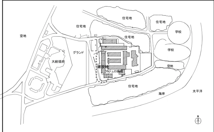 図  3-2    政府借り上げ敷地図および建設予定地  建物は強い西日を避けるため東西軸として、一部 2 階建ての平屋建てで計画する。2 階部分は管 理部門のみとし、患者が関わる部門は全て平屋建てとする。施設の配置に当っては、外来患者、救急 患者、医療スタッフ等の動線が明確な配置計画とする。一般外来患者は、既存駐車場を利用して北 側から、救急患者は南側からそれぞれのアプローチとする。また、既存病院の入院患者にも直接関係 する部門は渡り廊下で既存建物と連絡する。  対象施設の部門の配置に当っては、エントラン