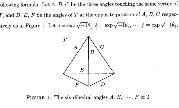 FIGURE 1. The six dihedral angles $A$ , $B$ , $\cdots$ , $F$ of $T$ .