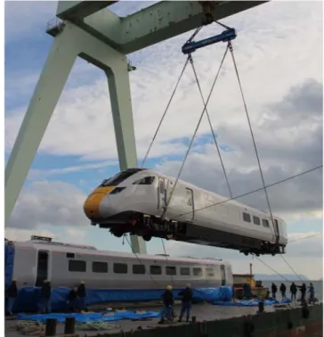 図 4 │ 英国運輸省の都市間高速鉄道計画向け Class800 の出荷 多分野の製品開発で培った解析・材料技術を鉄道の安全設計に適用することで欧 州規格に適合させた。