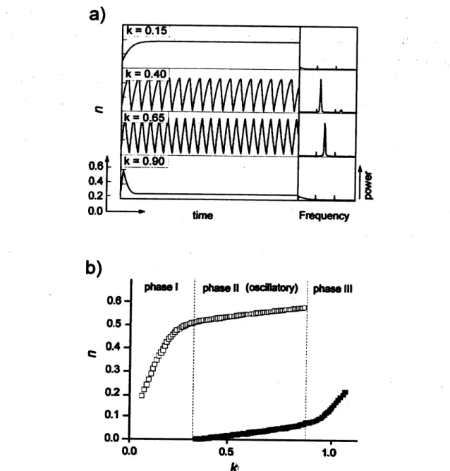 FIG 4. (a) Results of numerical simulation on the rhythmic bursting, time-trace of $n$