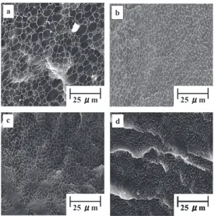 Fig. 8 SEM images of PE/PP  = 50/50 blend with/without EEBE; a) 0wt%, b) 1wt%, c) 3wt%, and d) 5wt%.