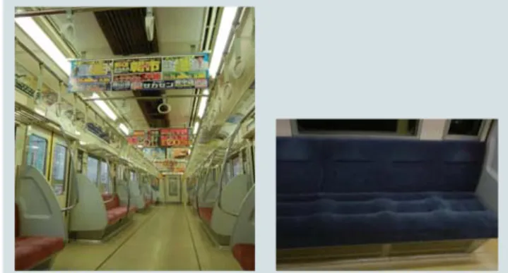 図 1 │従来蛍光灯車内環境および青色シート 改造前の蛍光灯照明での車内と優先座席シートを示す。