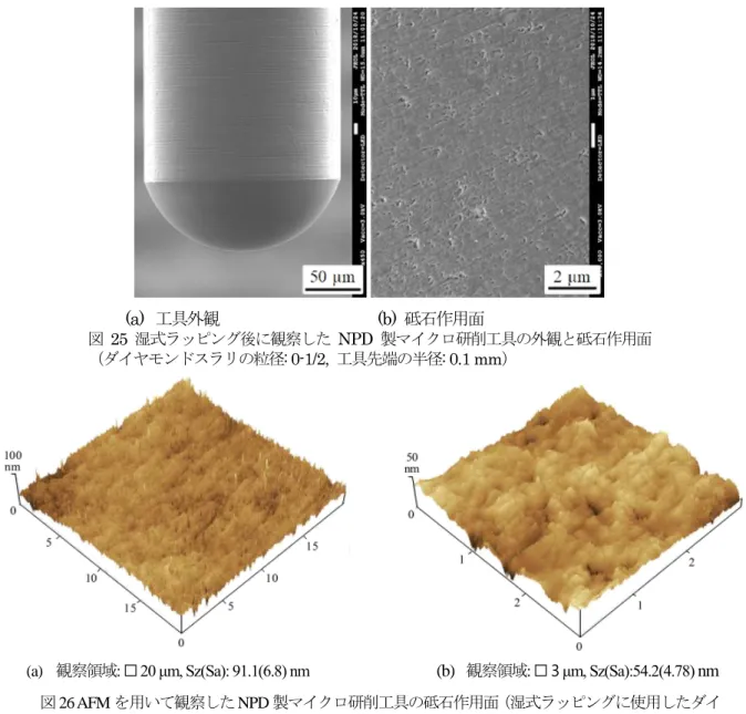図 26 AFM を用いて観察した NPD 製マイクロ研削工具の砥石作用面（湿式ラッピングに使用したダイ ヤモンドスラリの粒径: 0-1 μm） 