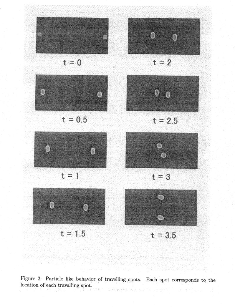Figure 2: Particle like behavior of travelling spots. Each spot corresponds to the location of each travalling spot.