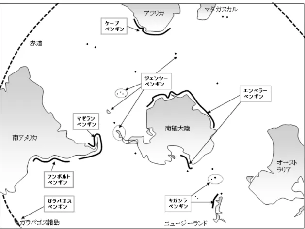 図 1-1   ペンギン類の生息分布．