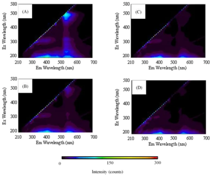 Figure  2.10  C 4 S の添加量を 800  %AEC として作製した LDH/AFD/C 4 S  複合体薄膜の EEM ス ペクトル．AFD 添加量は，(A) 0.25，(B) 3.75，(C) 6.35，(D) 7.50 %AEC． 