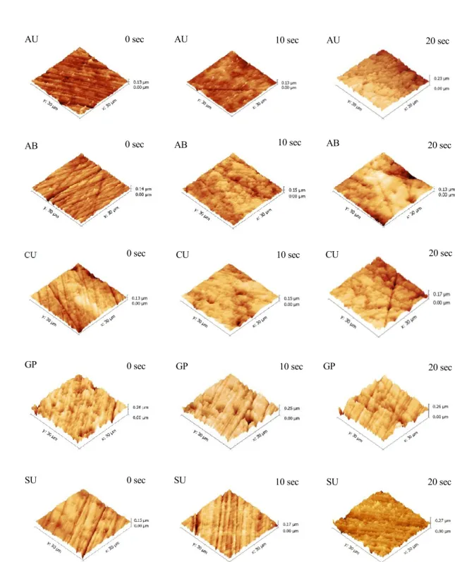 Fig. 1: False color three-dimensional topographic images (30 x 30 μm) of universal adhesive–treated enamel  surfaces obtained by constant force atomic force microscopy.