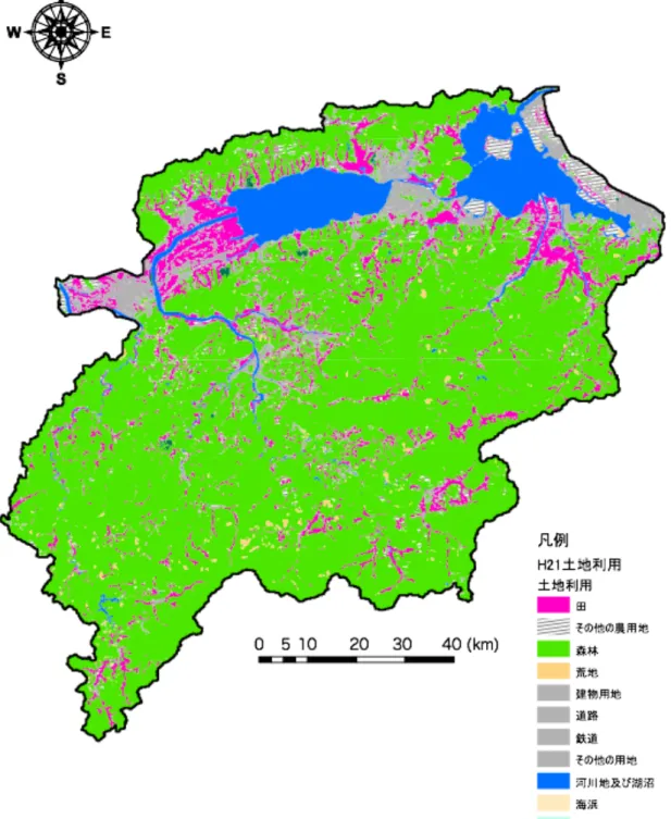 Figure 2-3. 平成 21 年度 斐伊川流域の土地利用  (国土数値情報 都市地域土地利用細分メッシュデータより作成)