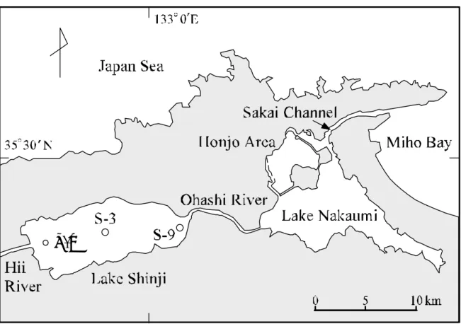 Fig. 3-1. Lake Shinji, the surrounding area, and sampling points 