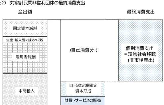 図表 20  対家計民間非営利団体の最終消費支出  貯蓄（ Saving）  3.123. 「貯蓄」 は、 所得の使用勘定におけるバランス項目であり、 可処分所得 （もしくは調 整可処分所得） について、 年金受給権の変動調整の受払を調整した上で、 財貨・サービ スの最終消費支出 （もしくは現実最終消費） に費やされなかった部分を示す。 二元的に 最終消費を記録する家計、 一般政府、 対家計民間非営利団体について、 可処分所得と調 整可処分所得の差と、最終消費支出と現実最終消費の差は、いずれも現物社会移転で