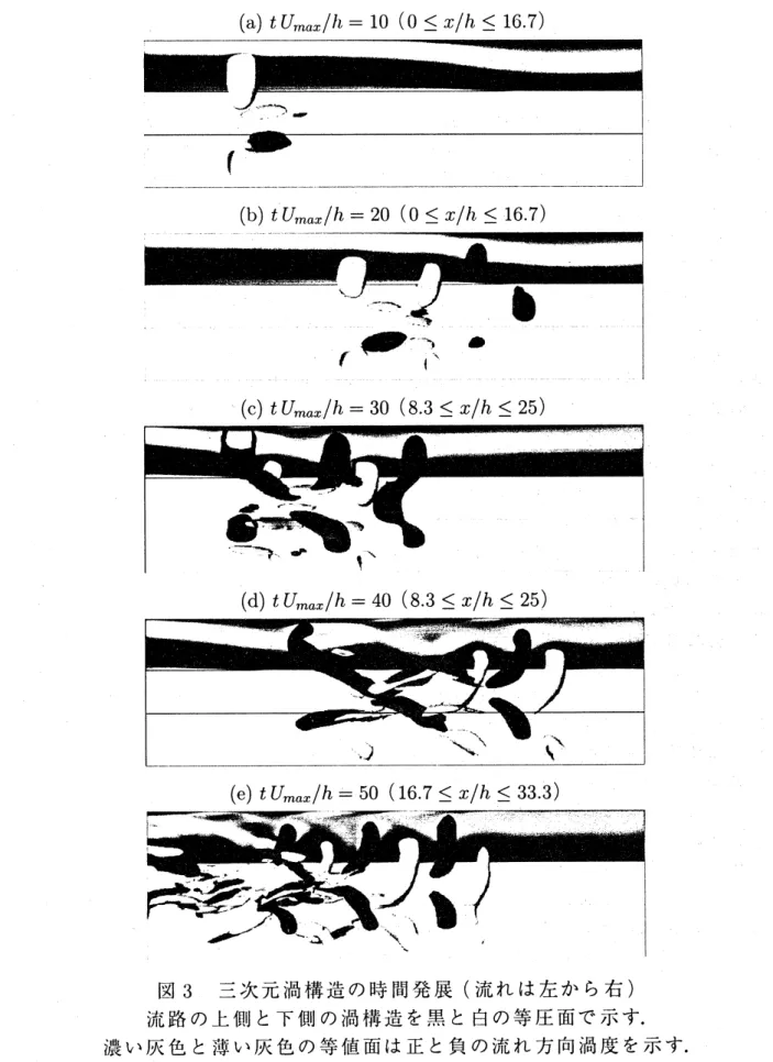 図 3 三次元渦構造の時間発展 ( 流れは左から右 ) 流路の上側と下側の渦構造を黒と白の等圧面で示す.