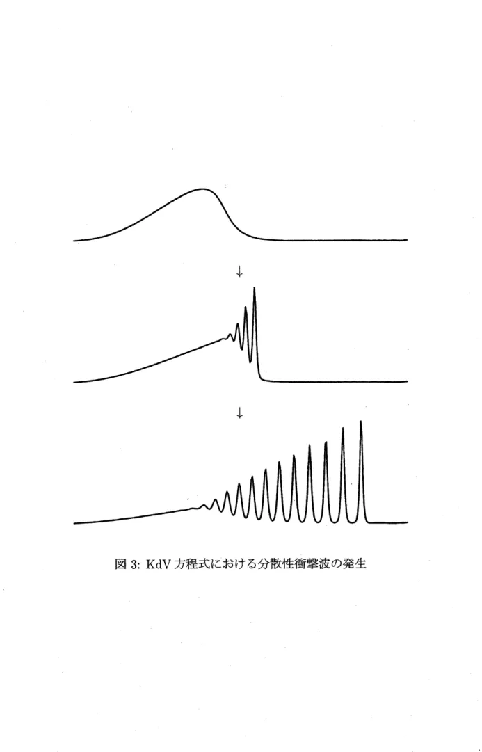 図 3: $\mathrm{K}\mathrm{d}\mathrm{V}$ 方程式における分散性衝撃波の発生