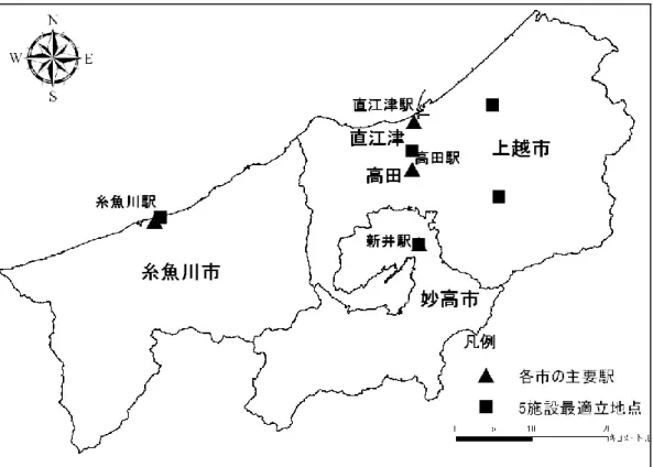 図 17-1  人口加重なしの立地-配分モデルによる 5 施設の最適立地 
