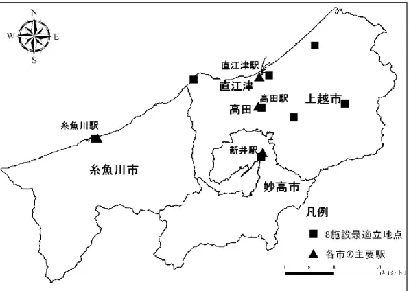 図 18-1  人口加重なしの立地-配分モデルによる 8 施設の最適立地 