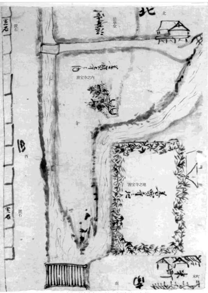 Fig. 2 An old map in Meio period around Zenpoji temple. Reprinted from Komyoji temple.法華堂 米町 南 置石置石善宝寺之地 善宝寺之内 西 北 