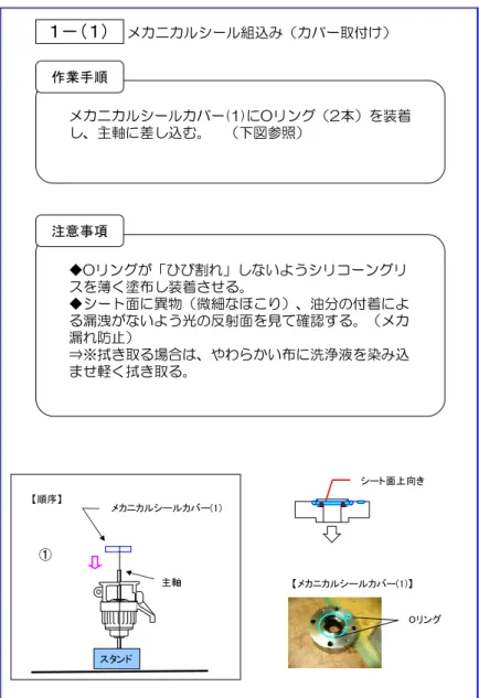 図 5.5 作 業 手 順 書 （ 次 作 業 ス テ ッ プ 情 報 な し ）  メカニカルシール組込み（カバー取付け）メカニカルシールカバー(1)にOリング（2本）を装着し、主軸に差し込む。　（下図参照）◆Oリングが「ひび割れ」しないようシリコーングリスを薄く塗布し装着させる。◆シート面に異物（微細なほこり）、油分の付着による漏洩がないよう光の反射面を見て確認する。（メカ漏れ防止）⇒※拭き取る場合は、やわらかい布に洗浄液を染み込ませ軽く拭き取る。作業手順１－（１）注意事項シート面上向きスタンド【順序】