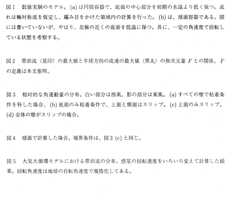 図 1 数値実験のモデル。 (a) は円筒容器で、 底面の中心部分を初期の水温より低く保つ。 流 れは軸対称流を仮定し、 編み目をかけた領域内の計算を行った。 (b) は、 球面容器である。 図 には書いていないが、 やはり、 北極の近くの底面を低温に保つ。 共に、 一定の角速度で回転し ている状態を考察する。 図 2 帯状流 ( 星印 ) の最大値と半径方向の流速の最大値 ( 黒丸 ) の無次元量 $F$ との関係。 $F$ の定義は本文参照。 図 3 相対的な角運動量の分布。 白い部分は西風、 影の部分