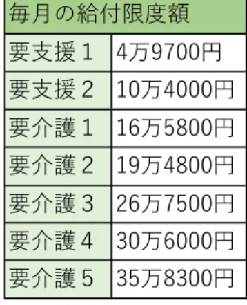 表 2  要介護度ごとの毎月の給付限度額  （出所）服部（2009）より作成。  介護保険制度によって受けられる様々なサービス    介護保険のサービスは、居宅サービス、施設サービス、地域密着型サービス、ケアマネジメン トの 4 つに大きく分けられる。居宅サービスとは、ホームヘルパーやデイサービスなどである。 施設サービスは特別養護老人ホーム、老人保健施設、介護療養型医療施設である。地域密着型サ ービスは、2006 年 4 月から新たにできたサービスタイプで、小規模多機能型施設や小規模の特 別養護老人ホーム