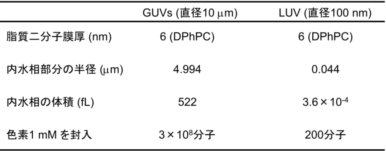 Table 3-1 ． GUVs  と   LUV  の大きさ