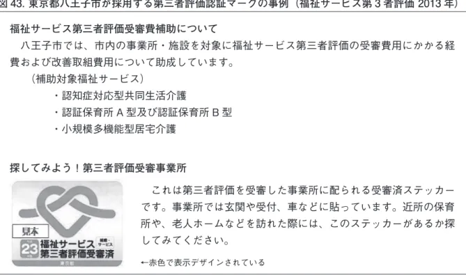 図 43. 東京都八王子市が採用する第三者評価認証マークの事例（福祉サービス第 3 者評価 2013 年） 福祉サービス第三者評価受審費補助について 　八王子市では、市内の事業所・施設を対象に福祉サービス第三者評価の受審費用にかかる経 費および改善取組費用について助成しています。 　　（補助対象福祉サービス） 　　　　・認知症対応型共同生活介護 　　　　・認証保育所 A 型及び認証保育所 B 型 　　　　・小規模多機能型居宅介護 探してみよう！第三者評価受審事業所 　これは第三者評価を受審した事業所に配られ