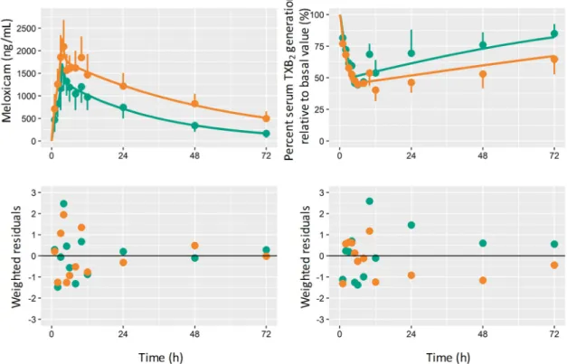 Fig. 1-4 Graphical fit of the pharmacokinetic/pharmacodynamic model for meloxicam  Left upper panel, plasma concentration profile after administration of 15 mg of  meloxicam; right upper panel, profiles for percent serum TXB 2  generation relative to  the 