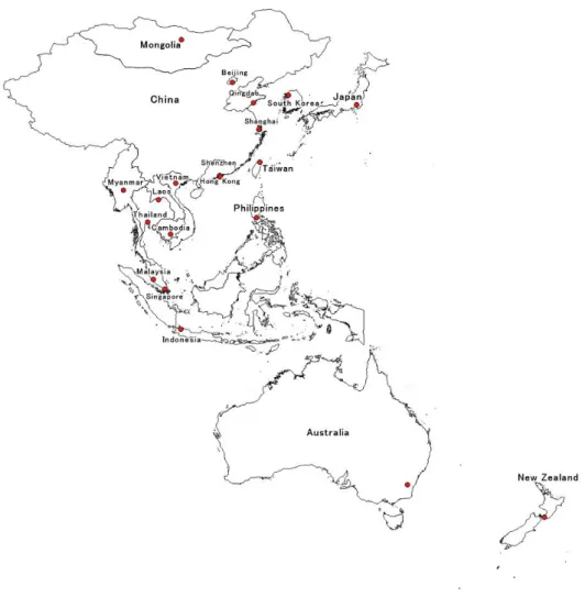 図   4-1 拡大東アジア経済圏の対象諸国と首都 / 都市地図