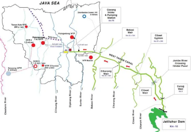 図   1-2-2  ジャカルタ市の既存水道水源と主要施設  表   1-2-3  ジャカルタ市水道の水源、浄水場、水道料金等の情報  コンセッショネアー PALYJA  AETRA  給水対象地域  ジャカルタ市西部地区  ジャカルタ市東部地区  水源と浄水場  1)  Jatiluhur Dam→Pejompongan 浄水 場 (5,000 l/s)  2)  Krukut 川→Clandak 浄水場    (365 l/s)  3)  Cisadane 川→Serpong 浄水場  (2,800 l