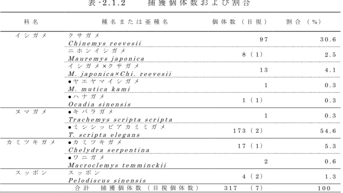 表 - 2 . 1 . 2     捕 獲 個 体 数 お よ び 割 合 科 名 種 名 ま た は 亜 種 名 個 体 数 （ 目 視 ） 割 合 （ % ） イ シ ガ メ ク サ ガ メ   C h i n e m y s   r e e v e s i i   9 7   3 0 