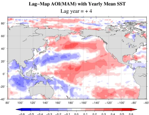 図 21: AOI(MAM) と SST( 年平均 ) のラグマップ (+4 年 ).