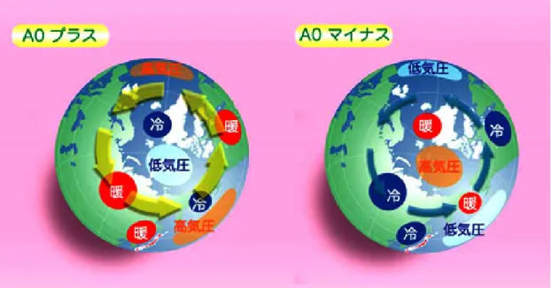 図 1: AO がプラスの時とマイナスの時の偏西風ジェット気流（矢印）と各地の気 温偏差（暖冷）および気圧偏差（高低）の分布図。