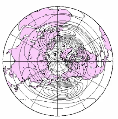 図 1-1  典型的な AO＋の構造：順圧高度場(EOF-1)        実線：正のアノマリ，破線：負のアノマリ 