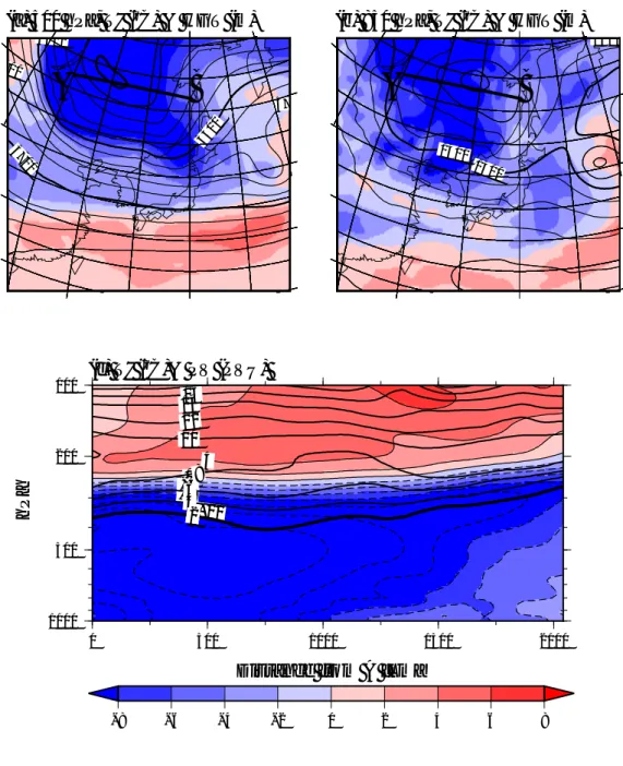 図 4.8: T20081102 (a) 高度 500 hPa と (b) 850 hPa における気温, 等高度線