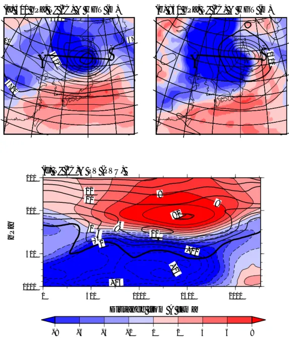 図 4.15: T20081107 (a) 高度 500 hPa と (b) 850 hPa における気温, 等高度線