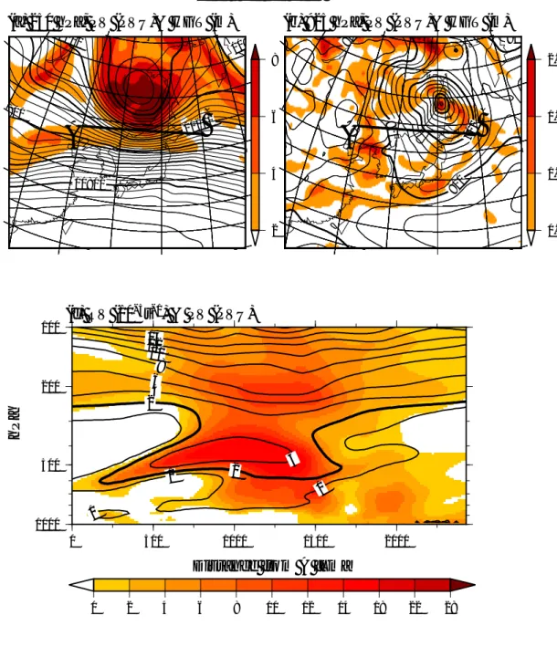 図 4.17: T20081107 (a) 高度 250 hPa と (b) 925 hPa における渦位, 等高度線