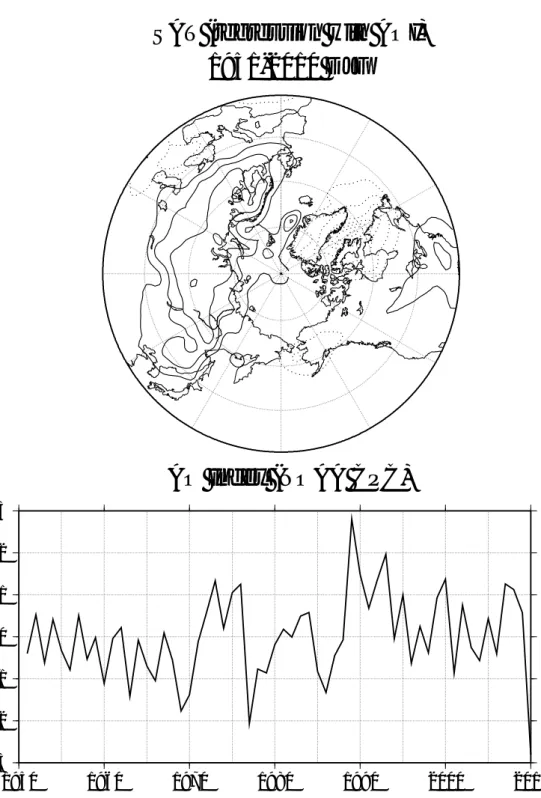 図 18: 北半球 (北緯 30 度以北) の NOAA CPC による AOI (下) に回帰した SAT の空間パターン (上). コンター間隔は 0.5 K で, 実線は正の偏差, 点線は負の偏差 を表している.