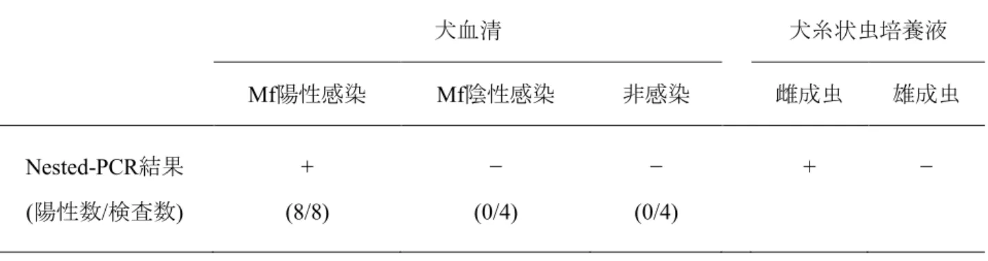 表 4-1 ． Nested-PCR による犬糸状虫感染犬と非感染犬の血清および犬糸状虫の成虫培養液に  おける犬糸状虫 DNA の検出結果 Mf:  ミクロフィラリア、  +:  陽性、  –:  陰性  犬血清  犬糸状虫培養液 Mf陽性感染 Mf陰性感染 非感染 雌成虫  雄成虫 Nested-PCR結果 + − − + − (陽性数/検査数) (8/8) (0/4) (0/4) 