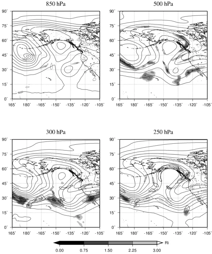 図 10: 1993 年 2 月 17 日 12Z のΩ型ブロッキング高気圧周辺における高度別のリチャードソン数の 分布 : 詳細は図 9 と同様.