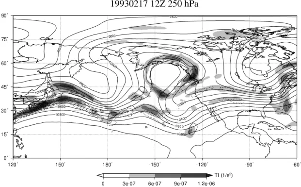 図 16: 1993 年 2 月 17 日 12Z のΩ型ブロッキング高気圧周辺における 250 hPa の TI の分布 : 詳細 は図 15 と同様.