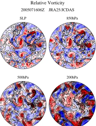 図 6 事例 1 : 2005 年 7 月 16 日 06Z の各高度における相対渦度 ( 左上 : SLP, 右上 : 850 hPa, 左下 : 500 hPa, 右下 : 200 hPa)