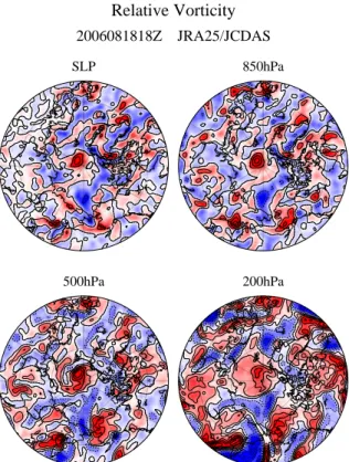 図 26 事例 3 : 2006 年 8 月 18 日 18Z の各高度における相対渦度 ( 左上 : SLP, 右上 : 850 hPa, 左下 : 500 hPa, 右下 : 200 hPa)
